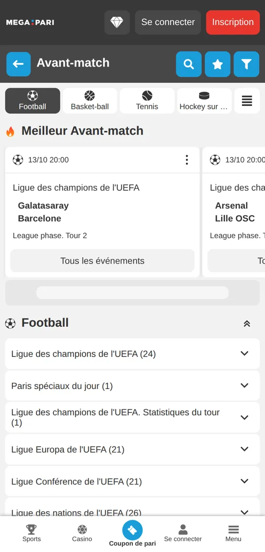Application mobile MegaPari : affiche avant-match avec les heures de coup d’envoi
